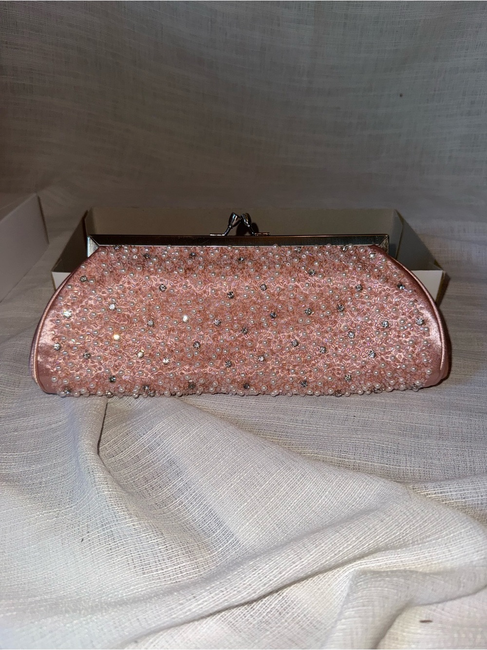 Pink Beaded Evening Clutch with Crystal Accents
